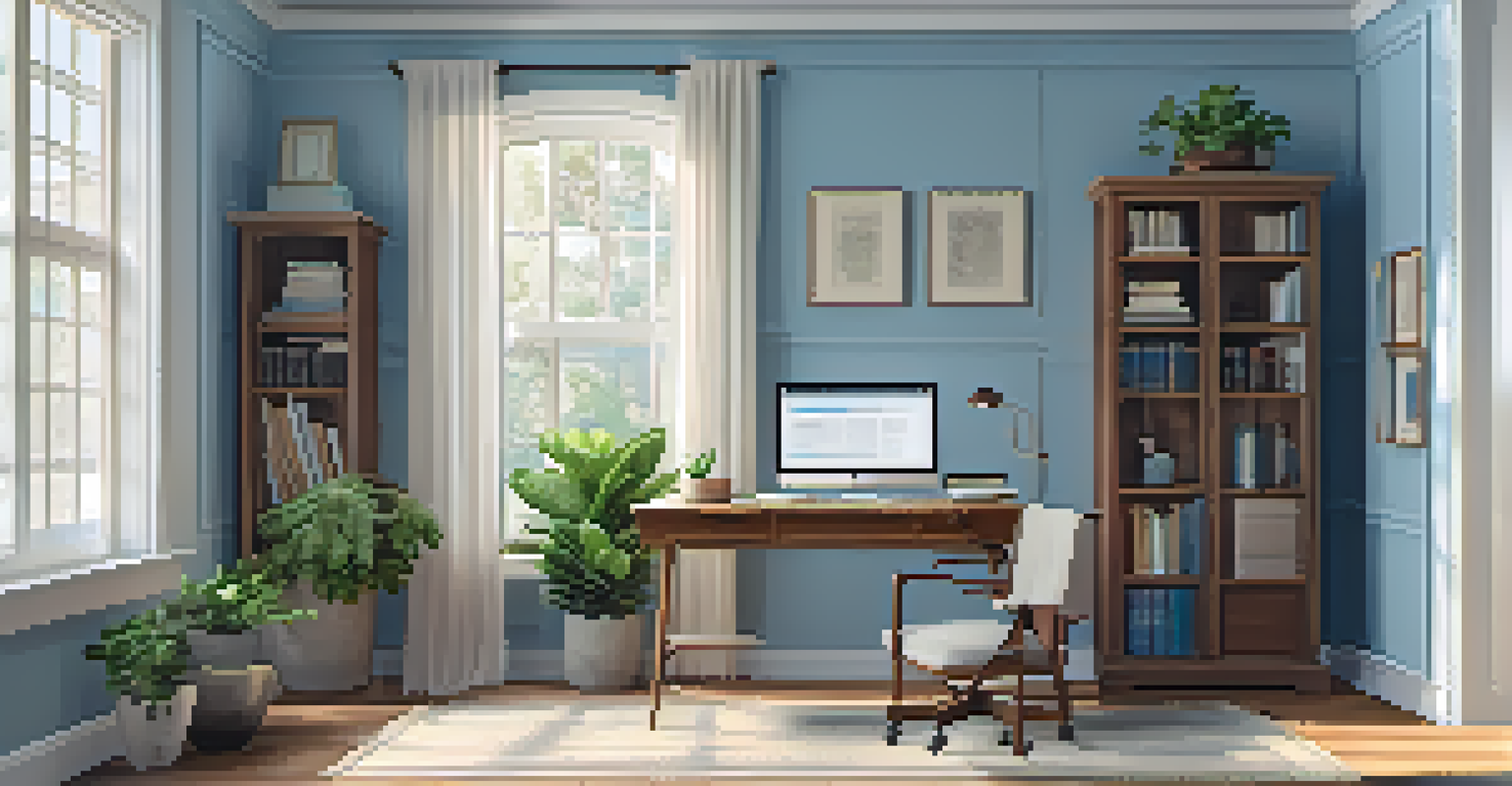 A stylish home office with a wooden desk, laptop, and natural light coming through large windows.