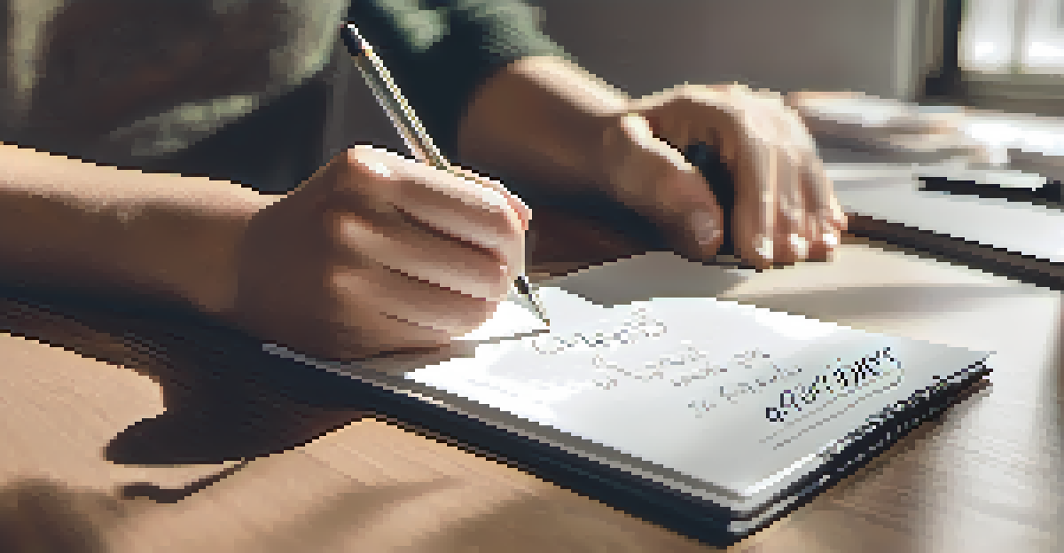 Close-up of hands writing questions on a notepad in a cozy home office, preparing for a mortgage interview.