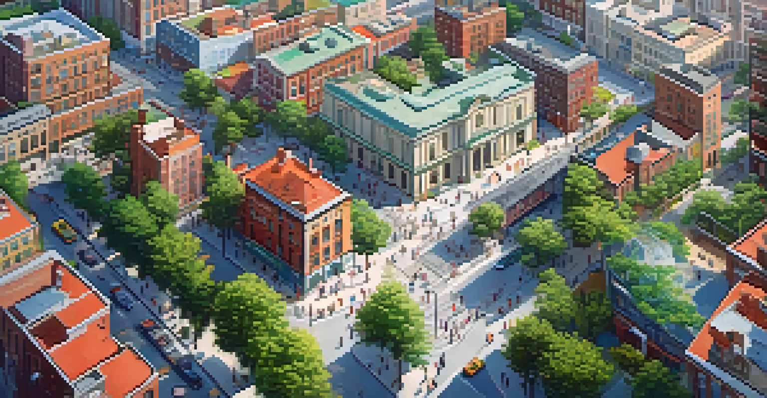 Aerial view of a vibrant city showcasing public spaces, parks, and local culture with people engaging in various activities.