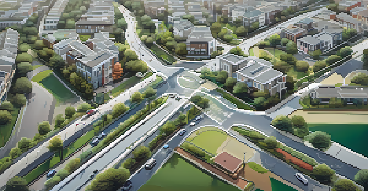 An aerial view of a neighborhood showcasing roads, schools, and parks, emphasizing infrastructure.