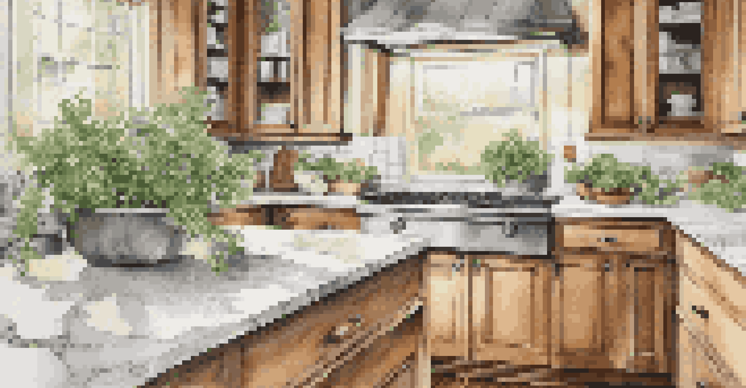 A renovated kitchen featuring marble countertops and wooden cabinets, illuminated by soft lighting.