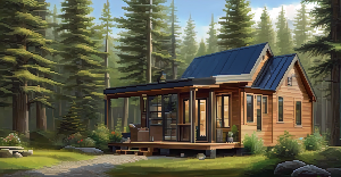 A small wooden tiny home surrounded by trees, with large windows and a small porch, creating a warm and inviting atmosphere.