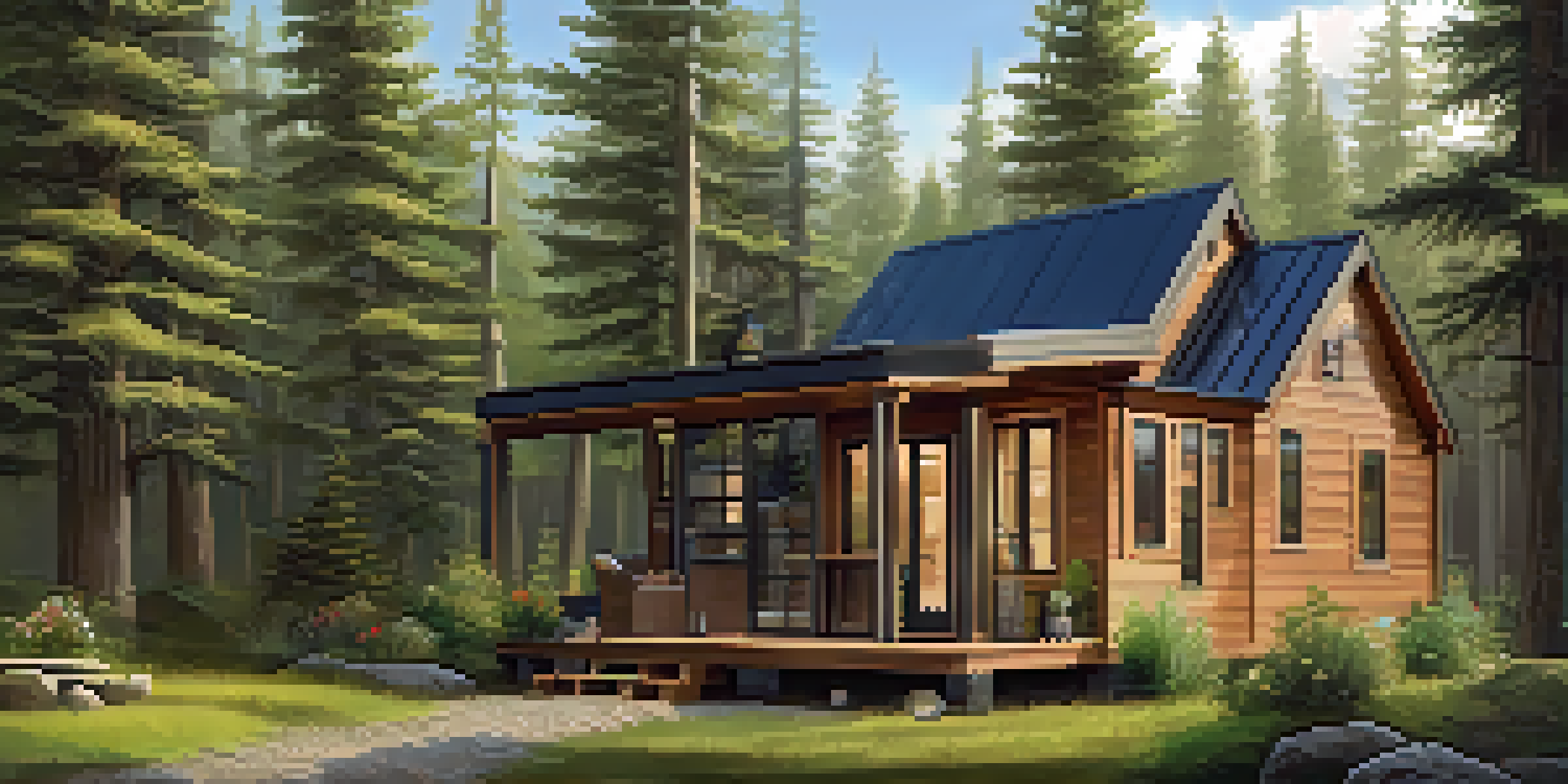 A small wooden tiny home surrounded by trees, with large windows and a small porch, creating a warm and inviting atmosphere.