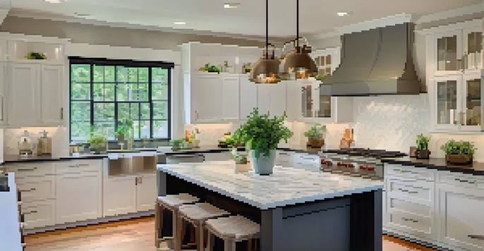 A modern kitchen with white cabinets, a marble island, and stainless steel appliances, illuminated by warm pendant lights.