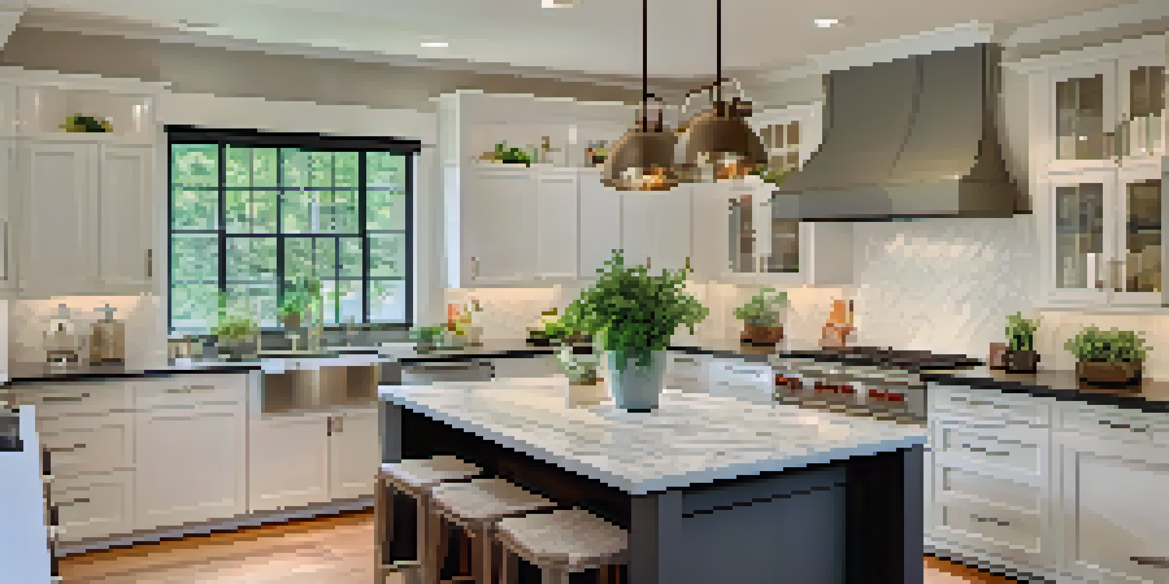 A modern kitchen with white cabinets, a marble island, and stainless steel appliances, illuminated by warm pendant lights.