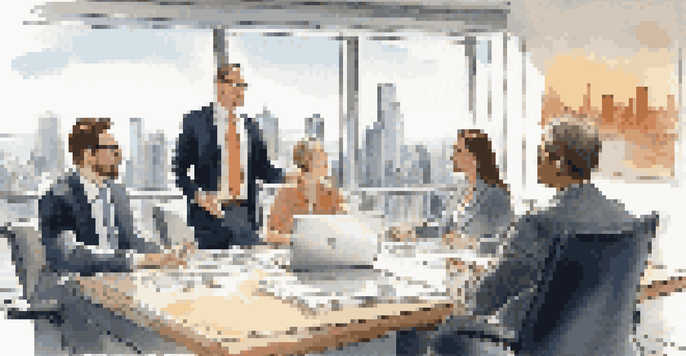 A real estate agent negotiating at a conference table with clients, featuring a city skyline in the background and a laptop displaying market data.