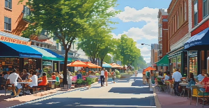 A bustling urban street with pedestrians walking, outdoor cafes, and shops in a sunny environment.