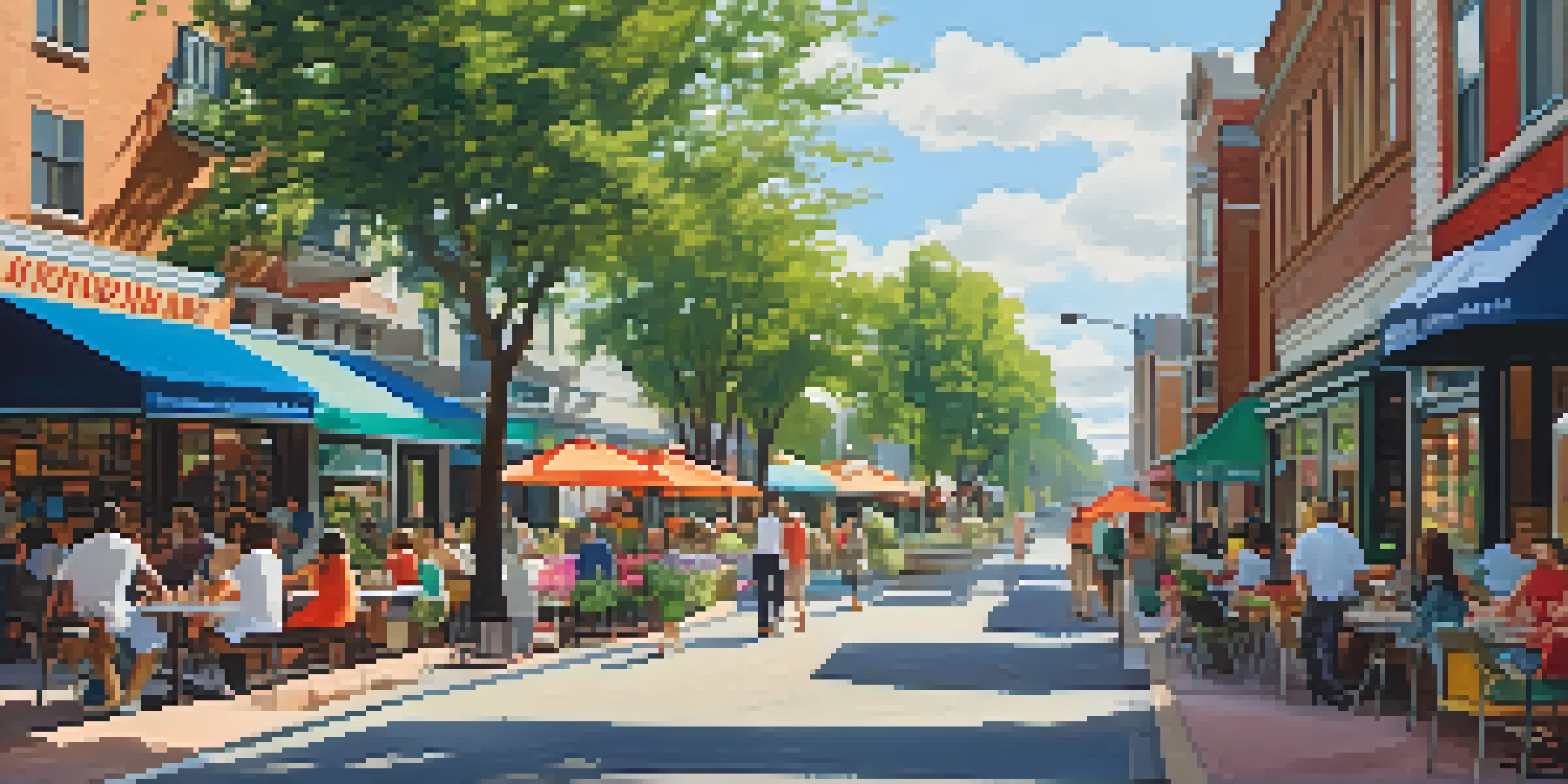 A bustling urban street with pedestrians walking, outdoor cafes, and shops in a sunny environment.