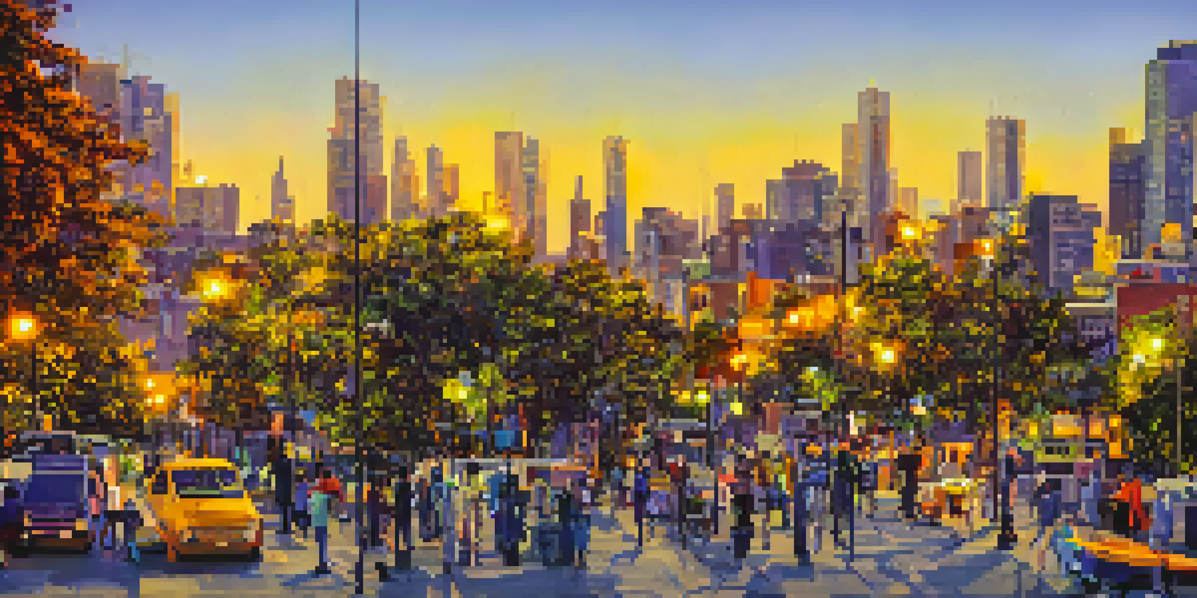 A lively cityscape during sunset, with illuminated buildings and people socializing outside.