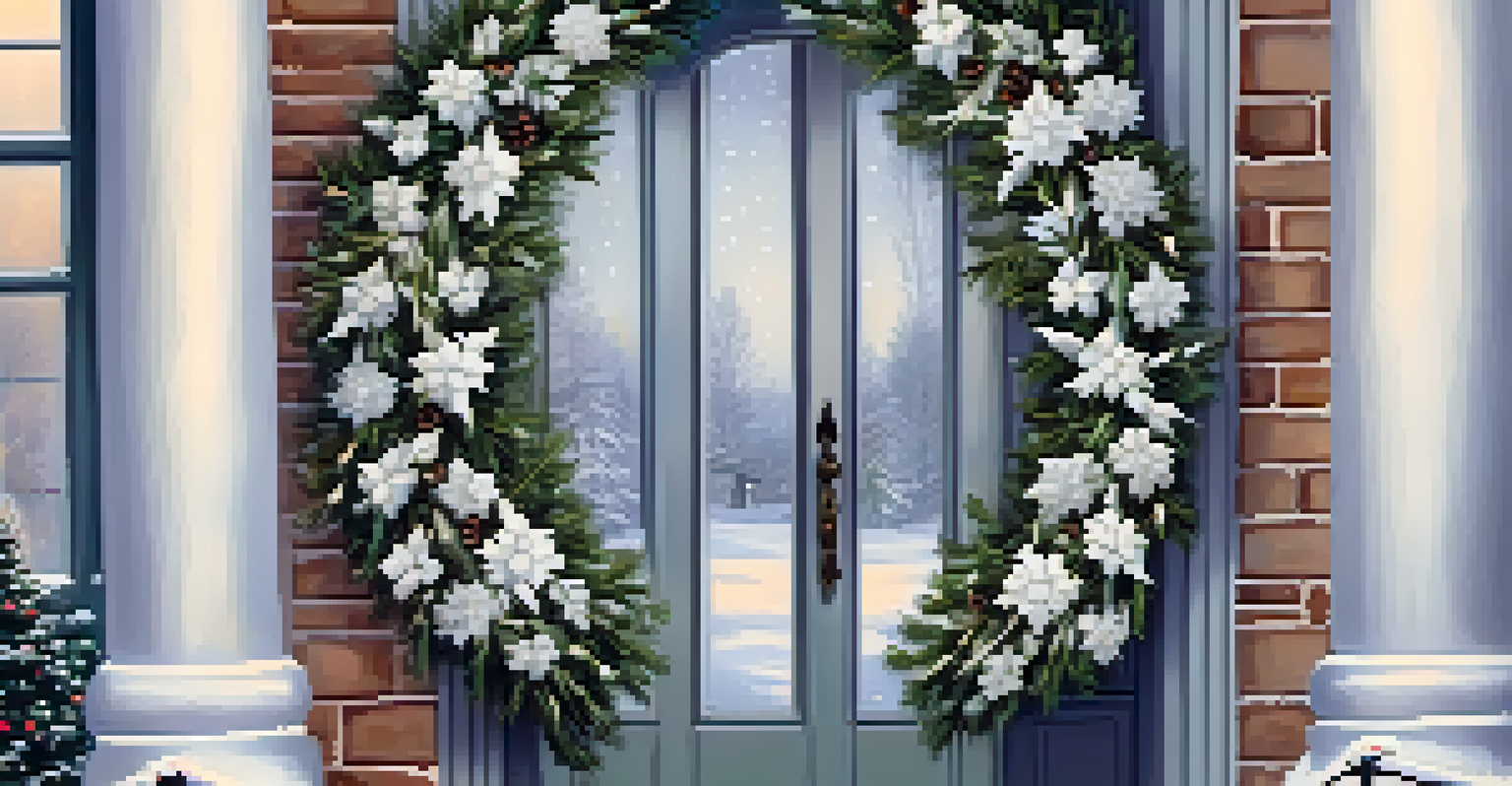 A stylish winter wreath with evergreens and lights hanging on a frosty door, surrounded by a snowy landscape.