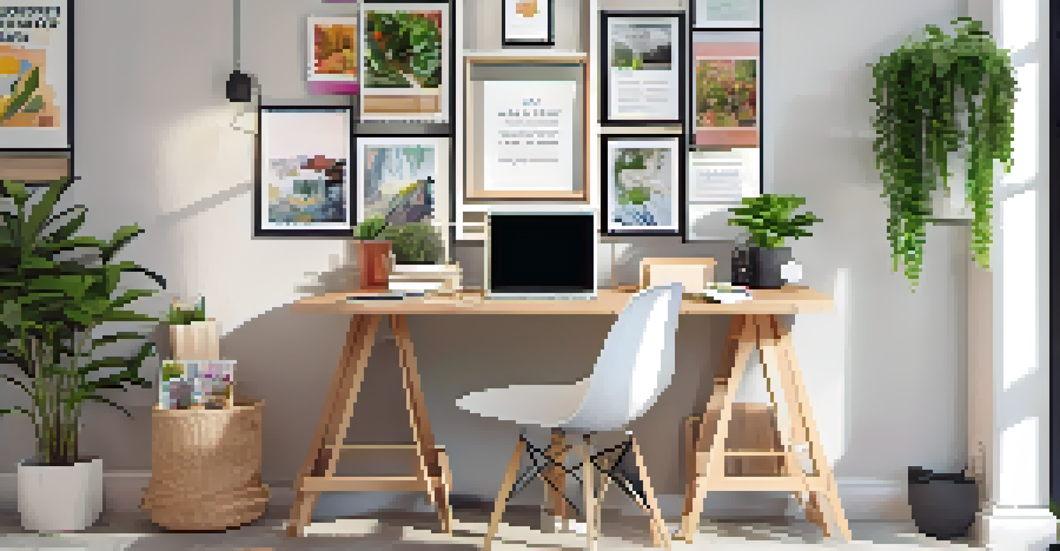 A small office with a foldable desk, vision board, colorful artwork, and a plant, showcasing a personalized workspace.