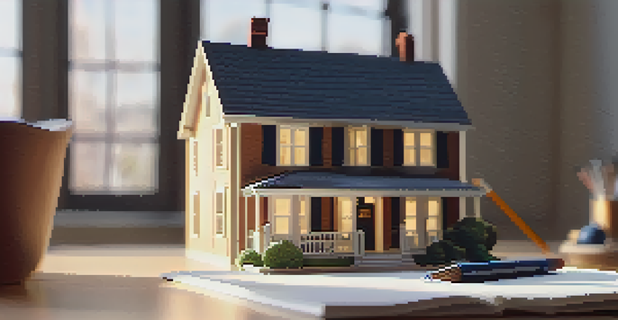 A detailed 3D model of a house on a table, accompanied by a notepad and pen, illuminated by warm light.