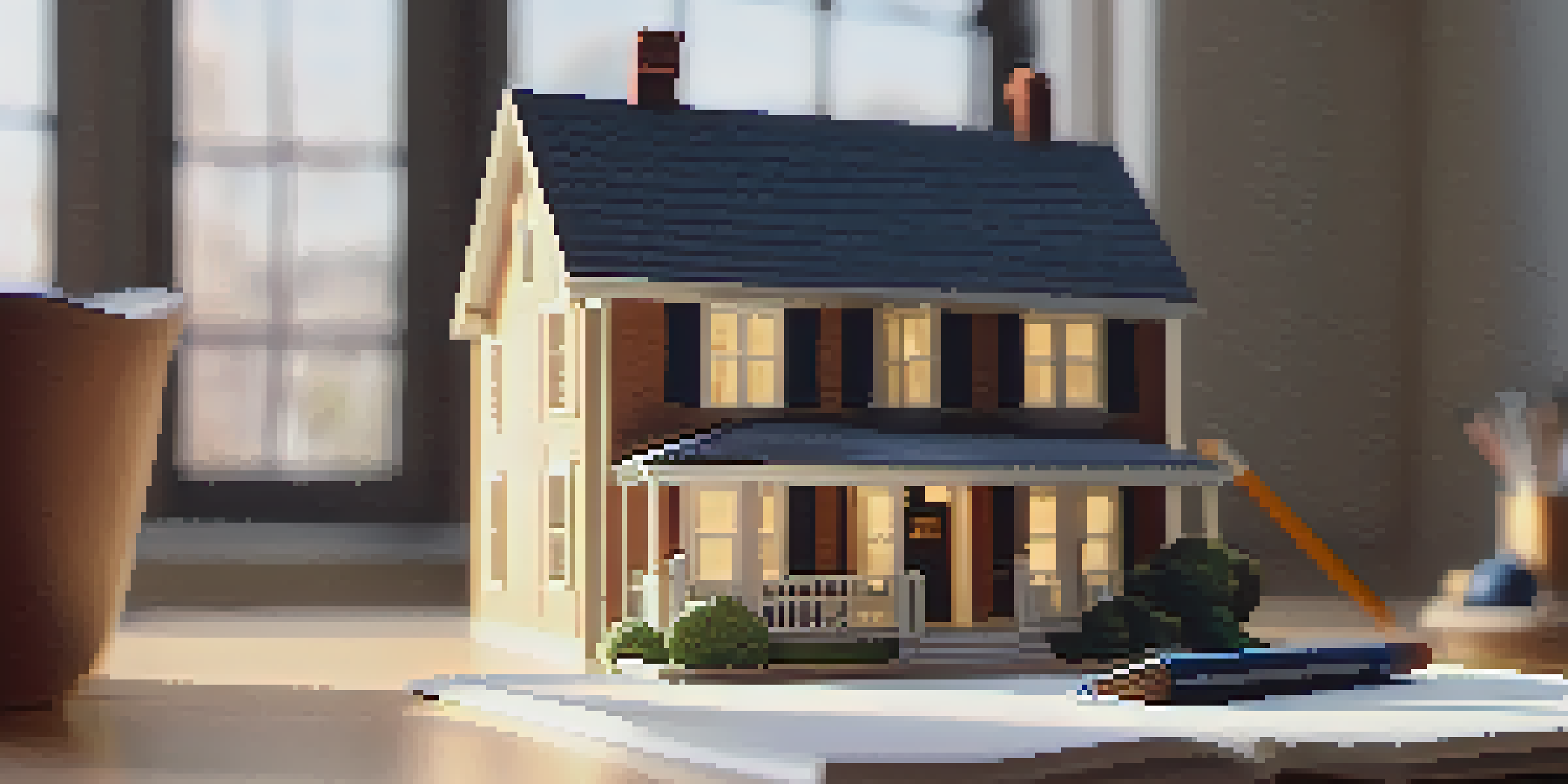 A detailed 3D model of a house on a table, accompanied by a notepad and pen, illuminated by warm light.