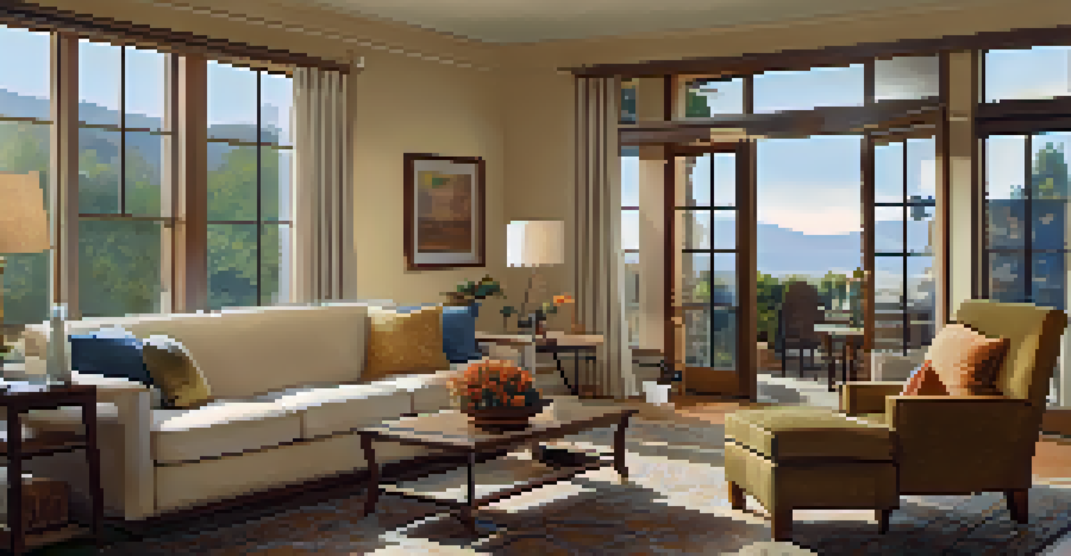 A property manager and a tenant smiling and discussing in a cozy living room with warm lighting.