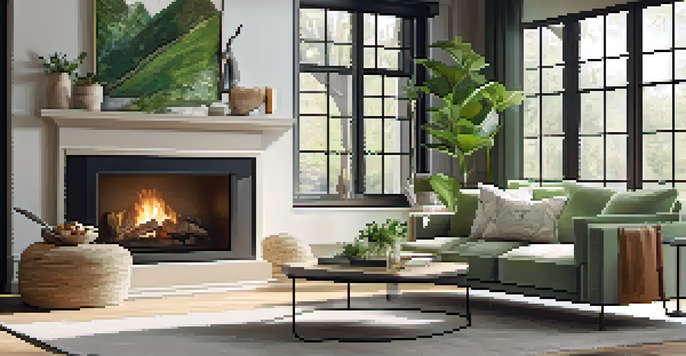 A bright and inviting living room with a modern sofa and a fireplace, showcasing natural light and plants.