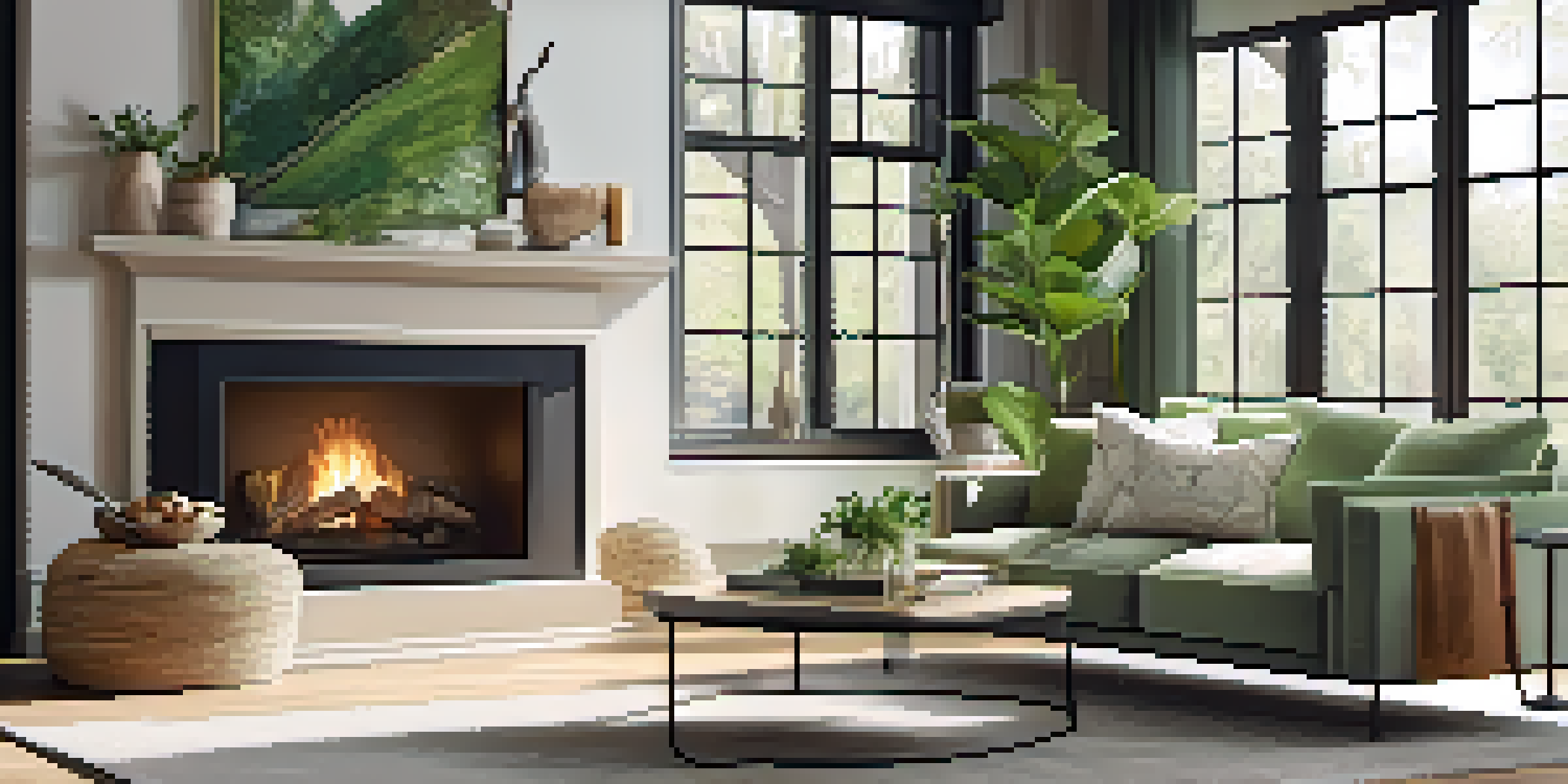 A bright and inviting living room with a modern sofa and a fireplace, showcasing natural light and plants.