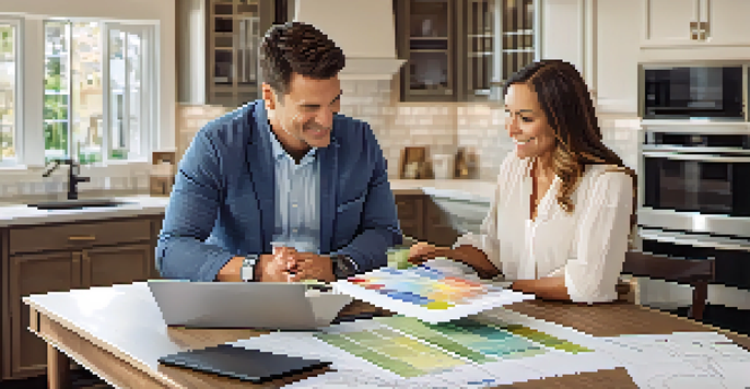 A contractor and homeowner reviewing renovation plans at a kitchen table with blueprints and color swatches.