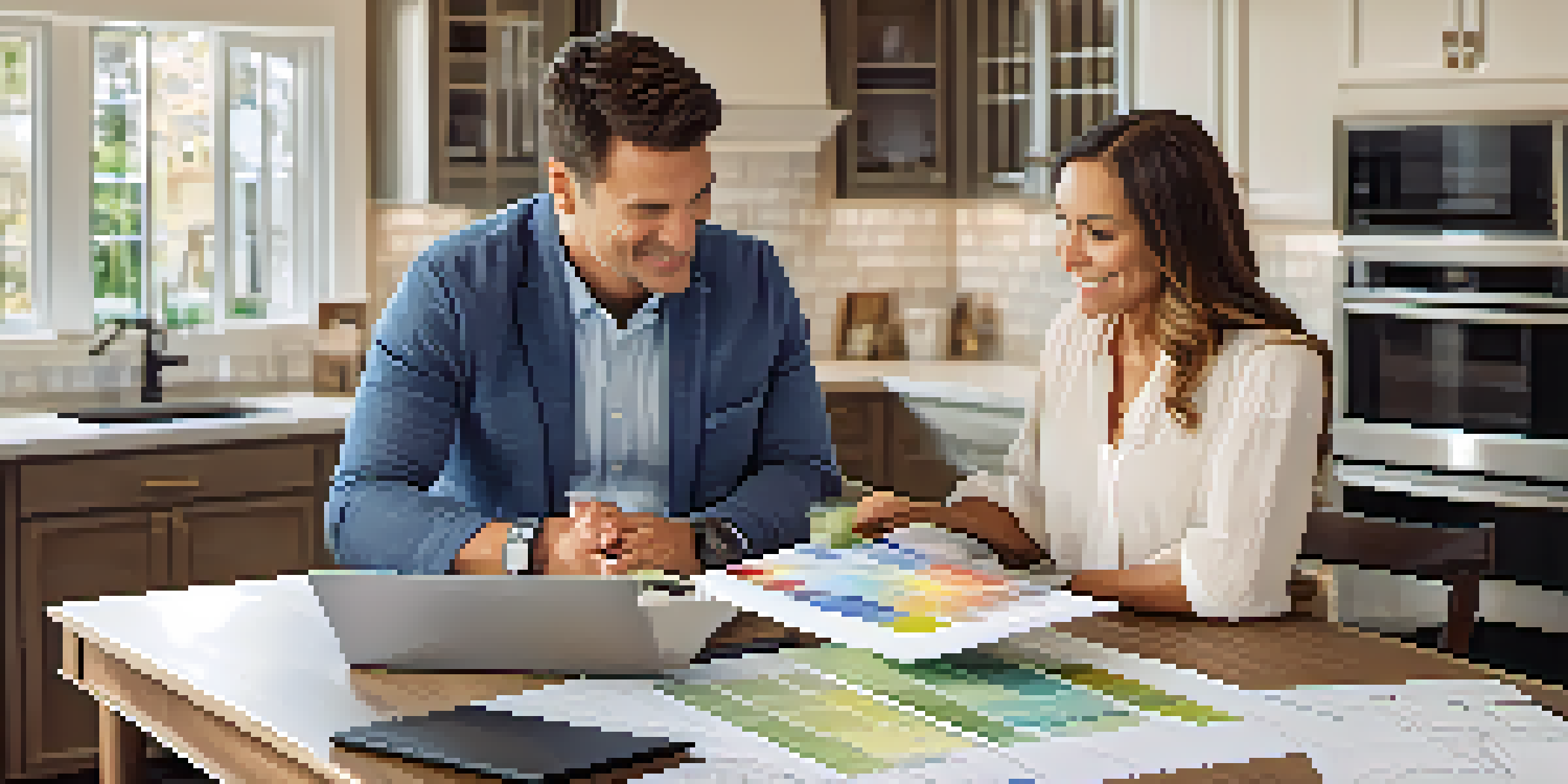 A contractor and homeowner reviewing renovation plans at a kitchen table with blueprints and color swatches.