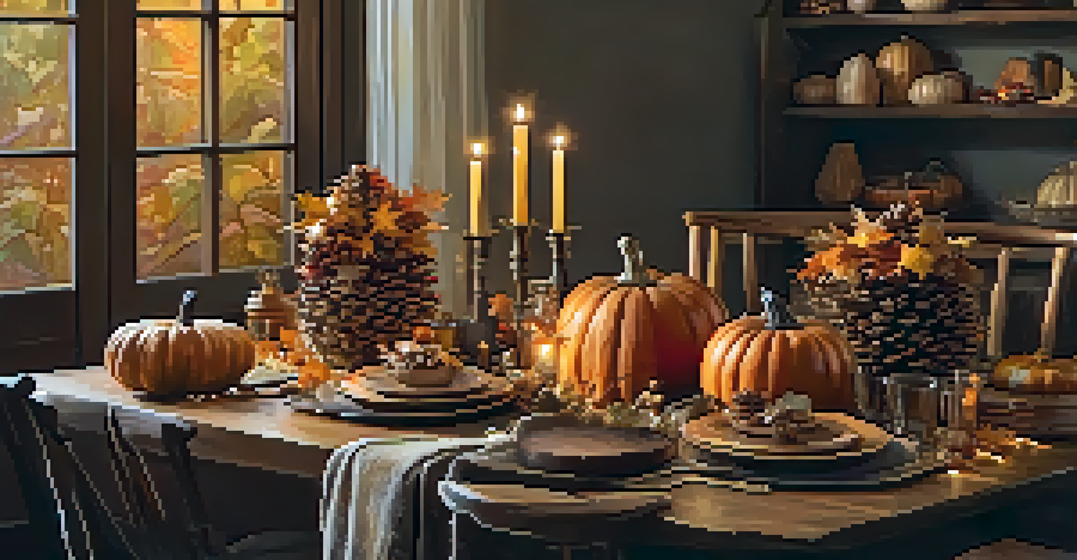 A rustic fall table setting with pumpkins and autumn leaves, illuminated by soft golden light and decorated with fairy lights.