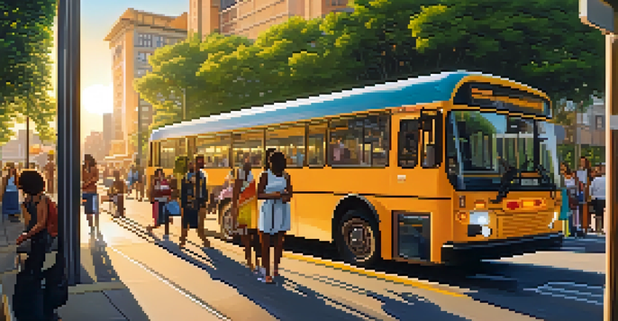 A lively city scene with a modern bus stop, diverse individuals, and lush greenery at sunset.
