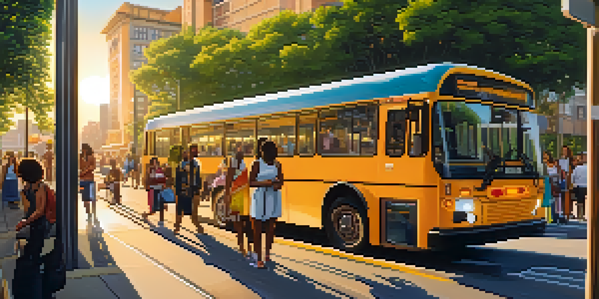 A lively city scene with a modern bus stop, diverse individuals, and lush greenery at sunset.