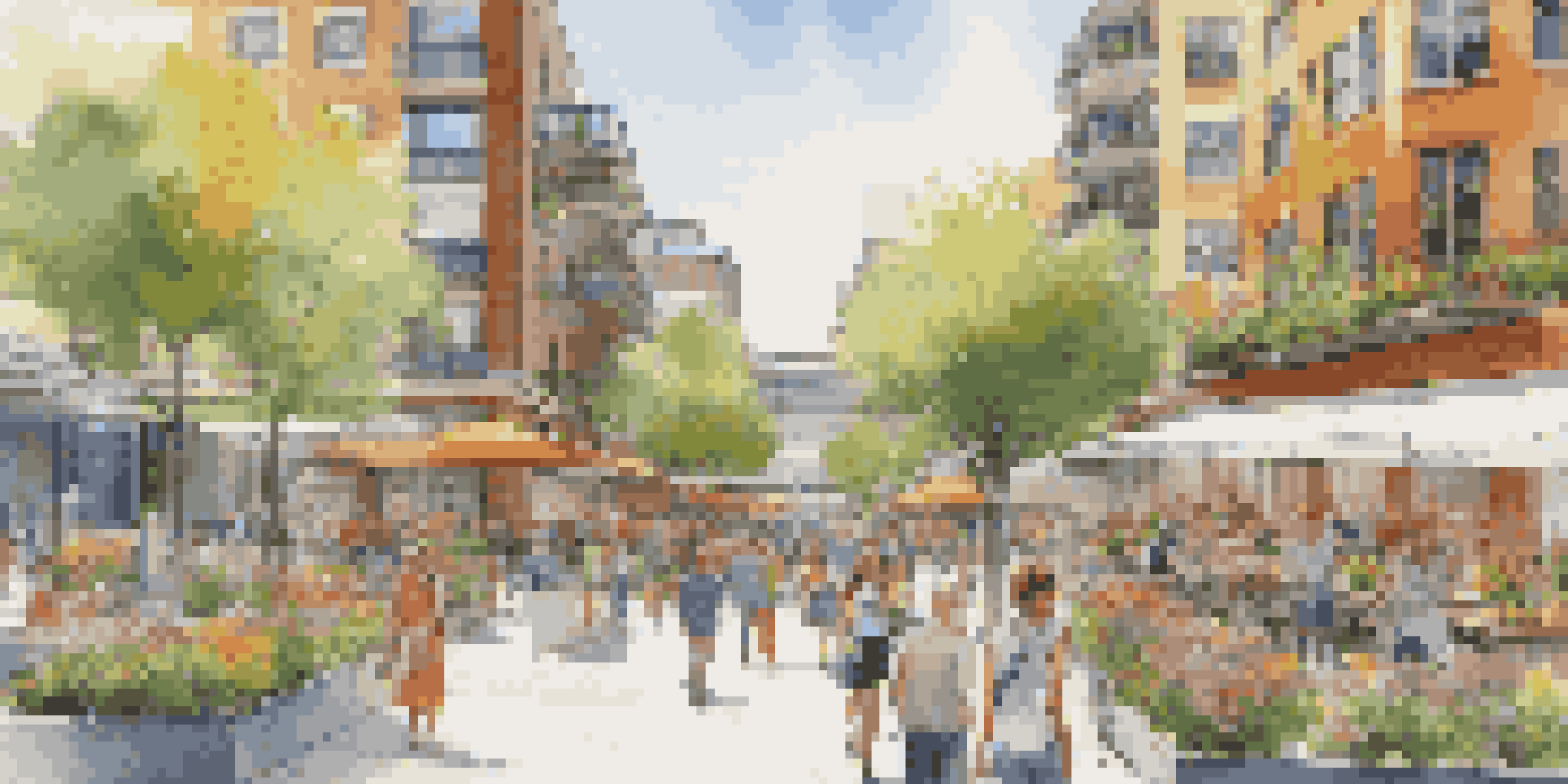 A lively urban street with modern buildings combining residential and commercial spaces, featuring people at a café and greenery.