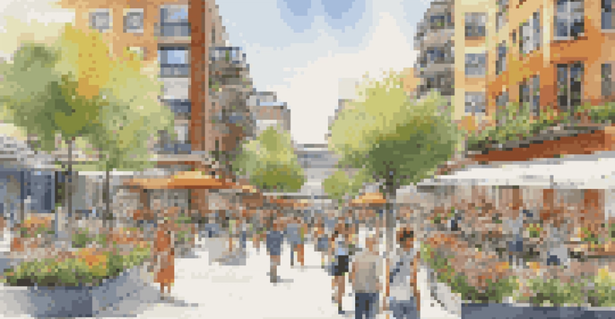 A lively urban street with modern buildings combining residential and commercial spaces, featuring people at a café and greenery.