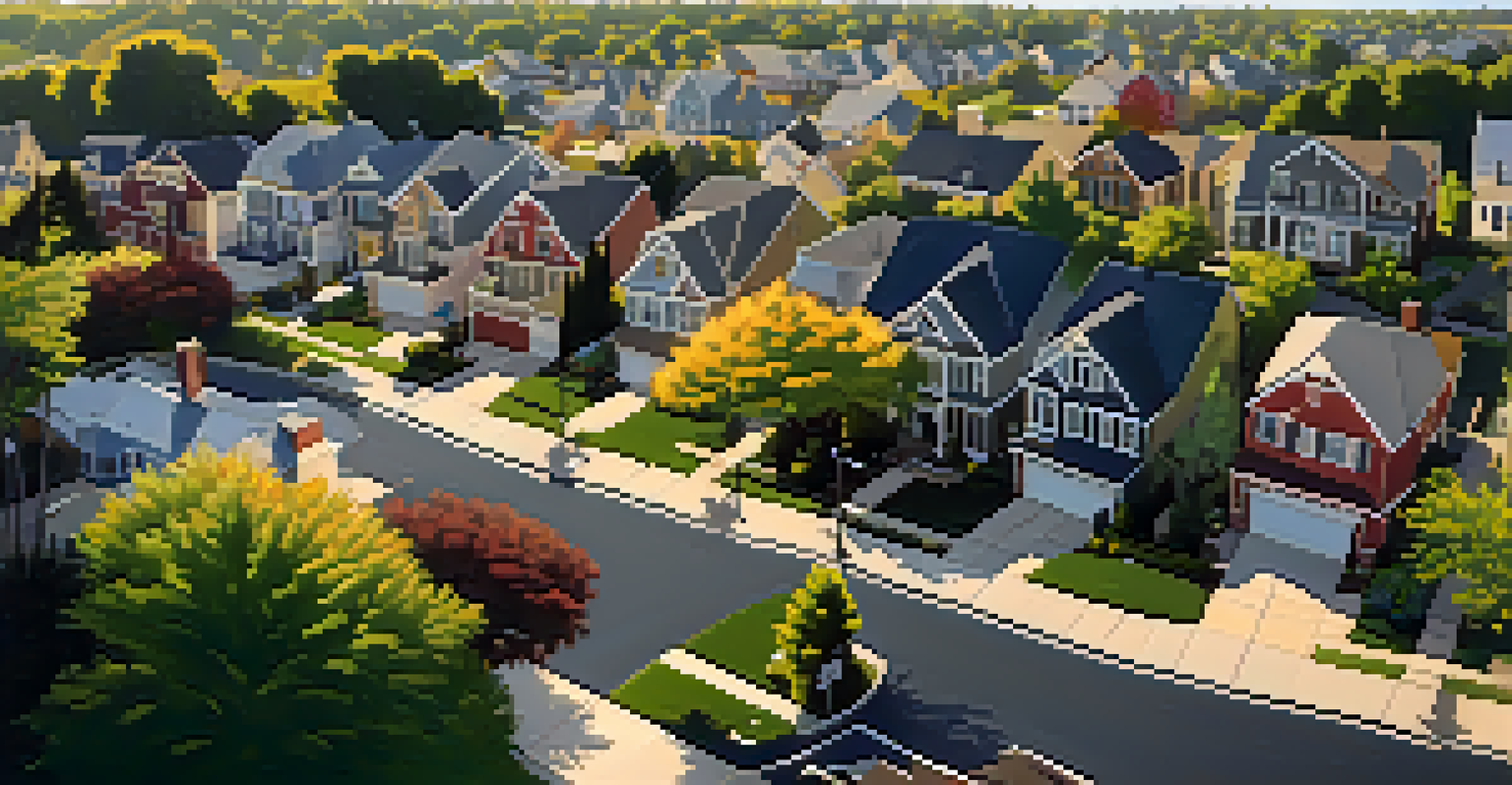 An aerial view of a suburban neighborhood with various homes and gardens, illuminated by warm sunlight.