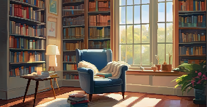 A comfortable reading nook with an armchair, a side table stacked with books, and warm sunlight illuminating the space.