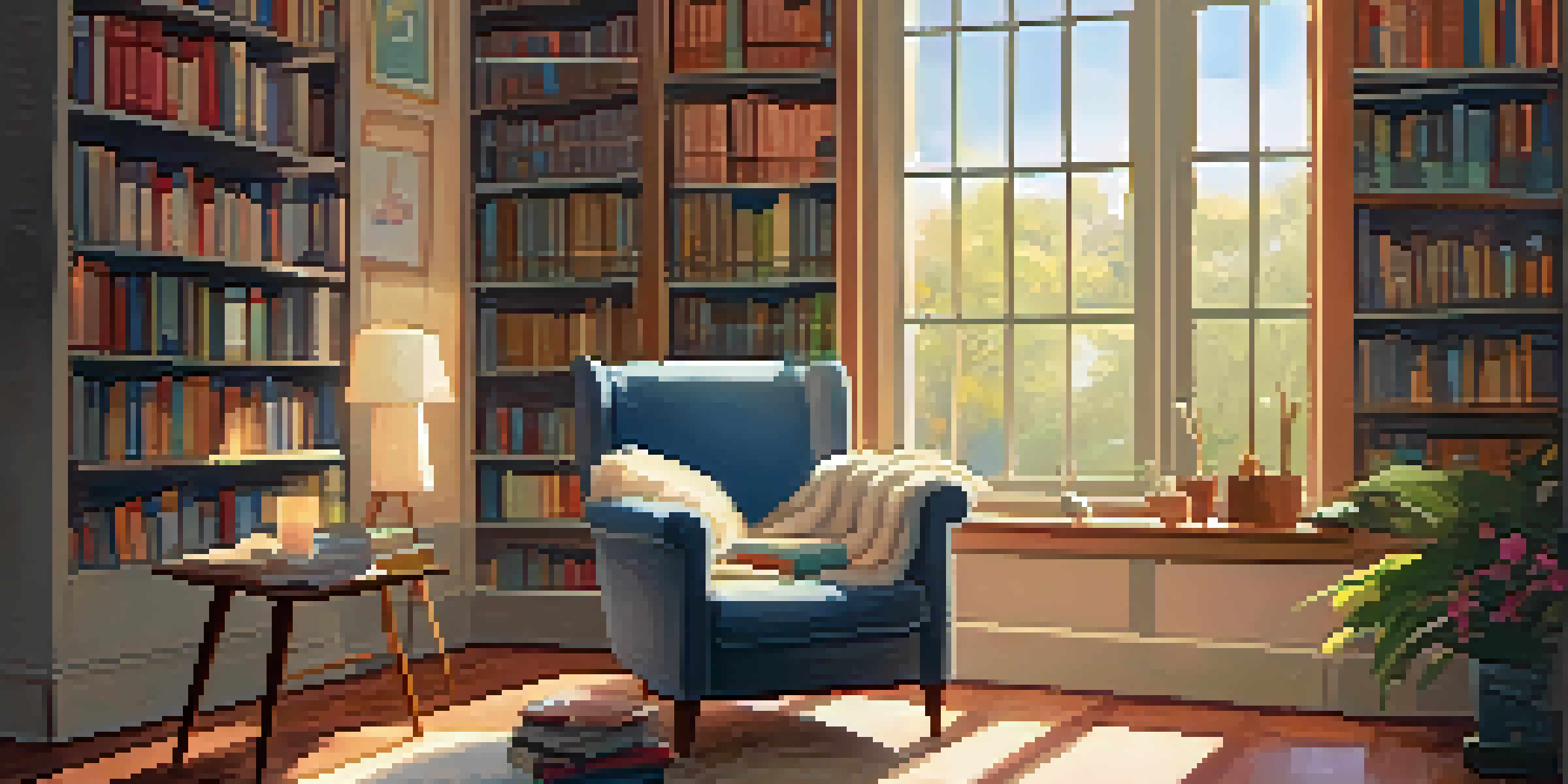A comfortable reading nook with an armchair, a side table stacked with books, and warm sunlight illuminating the space.
