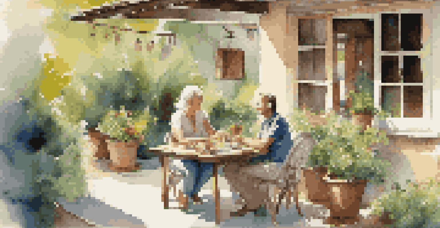 Two people discussing at a rustic wooden table on a sunny outdoor patio surrounded by greenery.