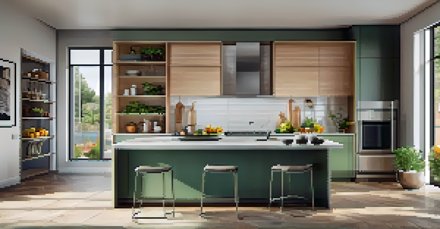 A modern kitchen with sleek cabinets and stainless steel appliances, featuring a bowl of fruits and an herb garden.