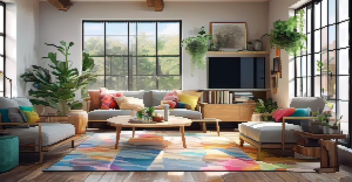 A warm and inviting modern living room with a cozy sofa and natural light coming through large windows.