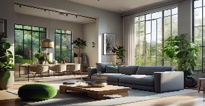 A bright and modern living room with large windows, a gray sofa, and green plants.