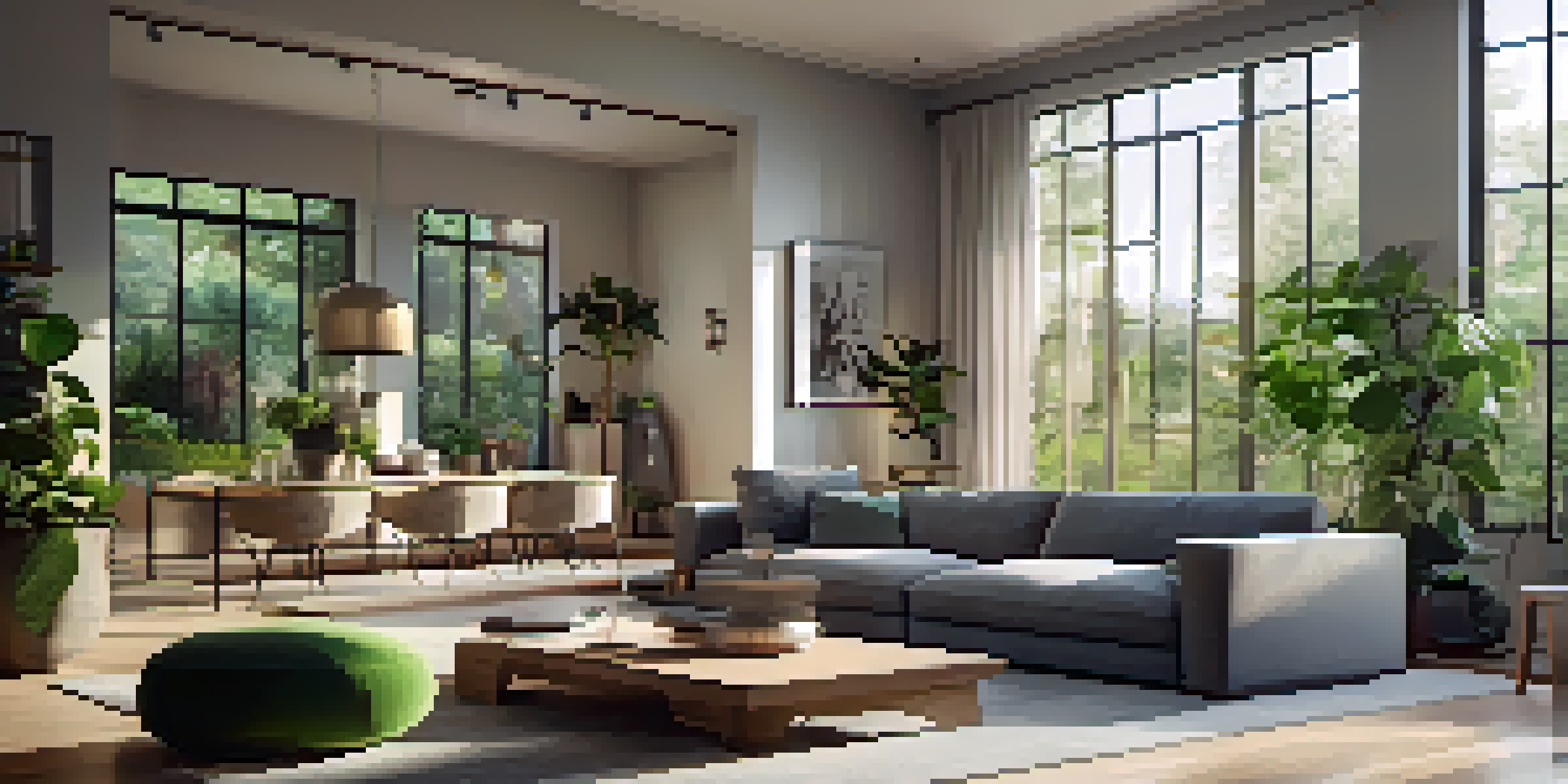A bright and modern living room with large windows, a gray sofa, and green plants.