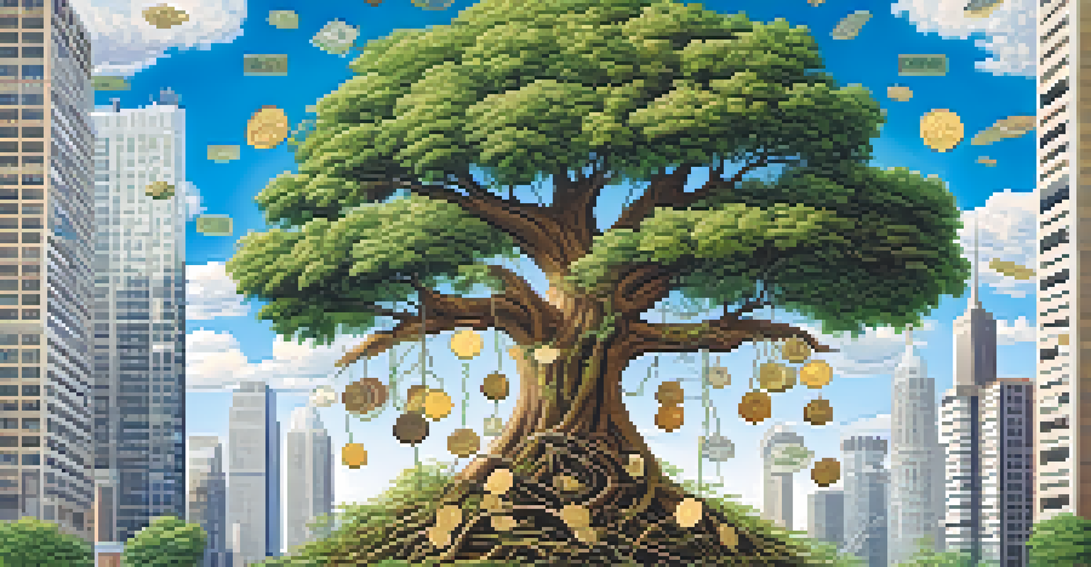 A vibrant tree with roots intertwined with investment symbols like coins and stock graphs, set against a bright blue sky.