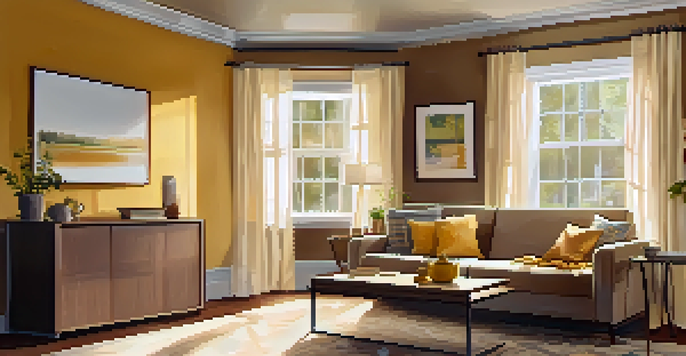 A warm and inviting living room with a smart thermostat on the wall and sunlight filtering through sheer curtains.