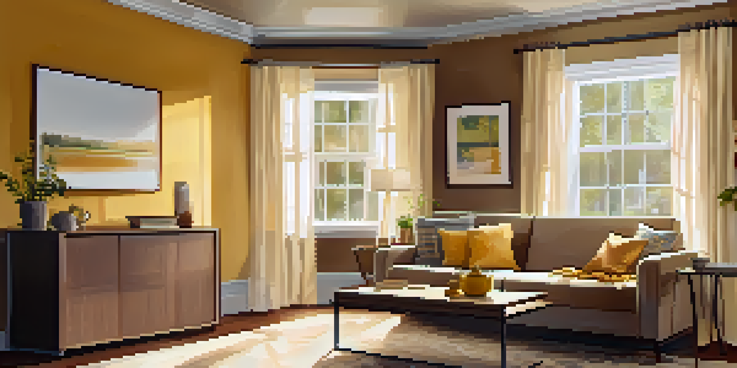 A warm and inviting living room with a smart thermostat on the wall and sunlight filtering through sheer curtains.
