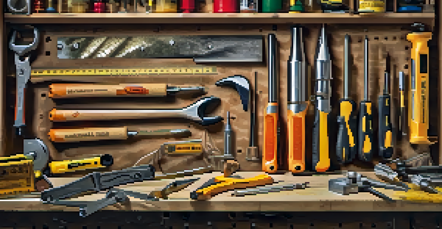 A collection of essential home maintenance tools on a workbench, including a hammer and screwdrivers, illuminated by light.