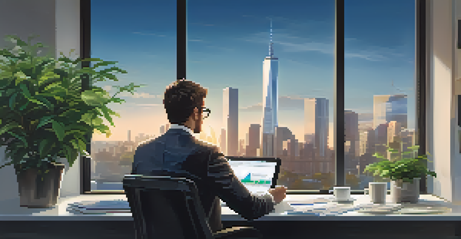 An investor examining real estate crowdfunding options on a tablet in a well-lit office with a city view.
