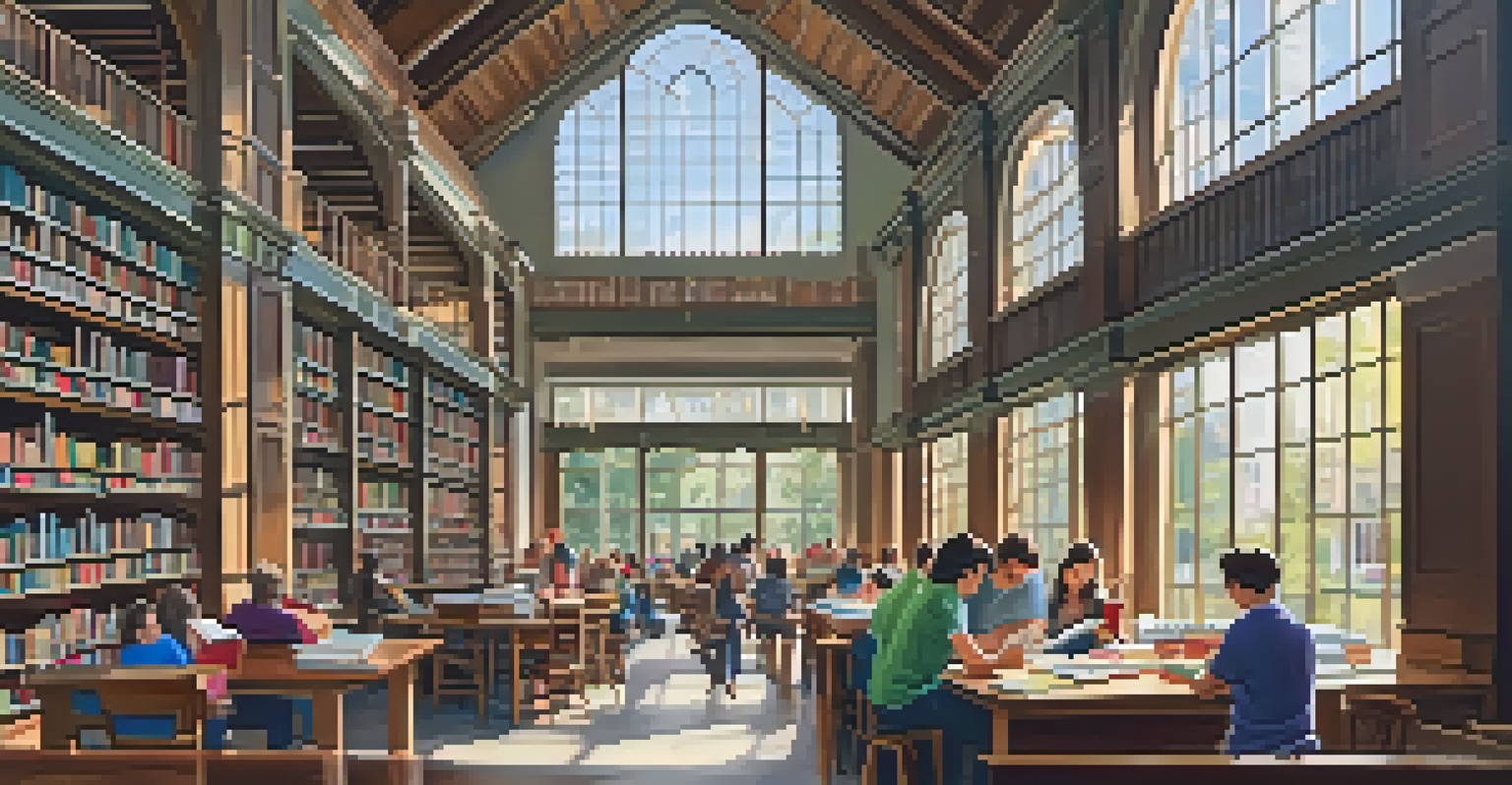 The interior of a busy library with people reading and studying in a bright, inviting space.