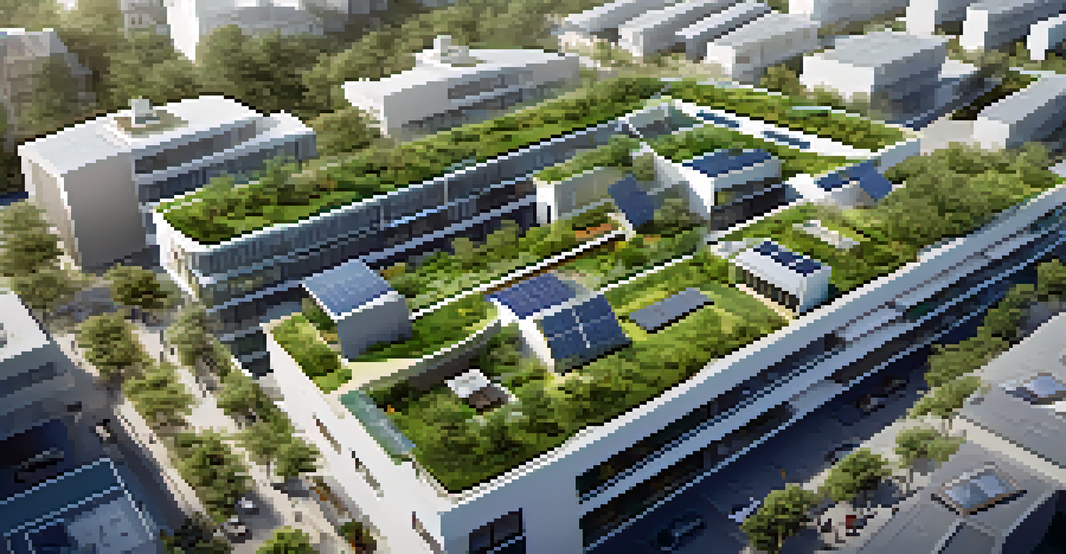 Aerial view of a sustainable urban development with buildings oriented for energy efficiency, featuring solar panels and green roofs.