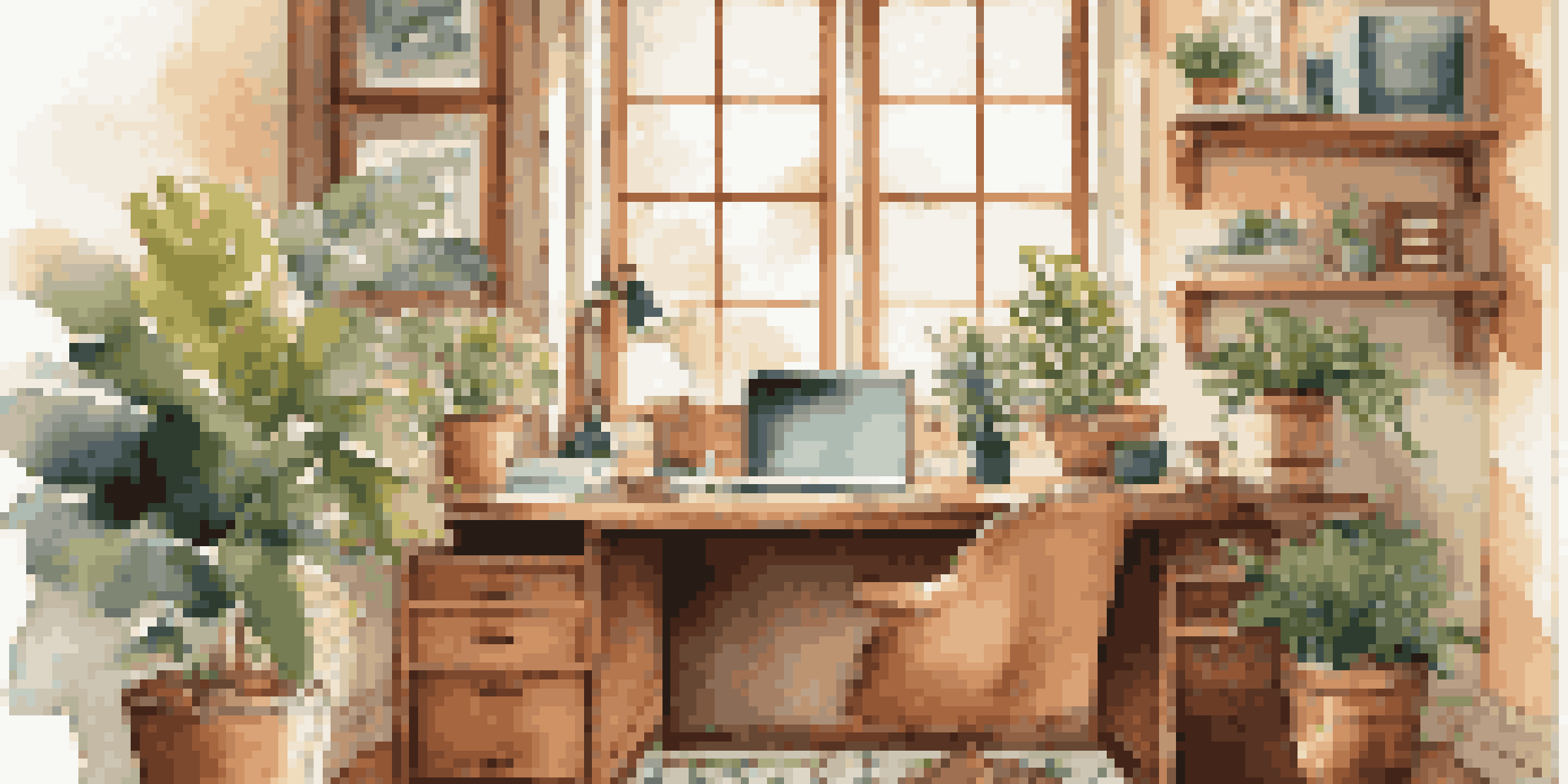 A well-lit home office featuring a wooden desk with a laptop, coffee mug, and houseplants, illuminated by sunlight coming through a window.