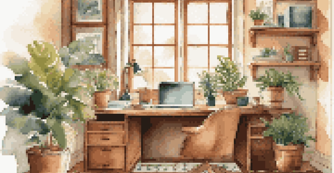 A well-lit home office featuring a wooden desk with a laptop, coffee mug, and houseplants, illuminated by sunlight coming through a window.