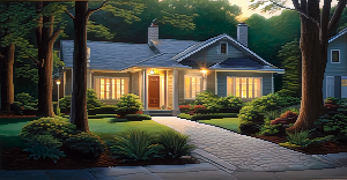 A pathway illuminated by motion sensor lights at dusk, leading to a home, surrounded by soft shadows and greenery.