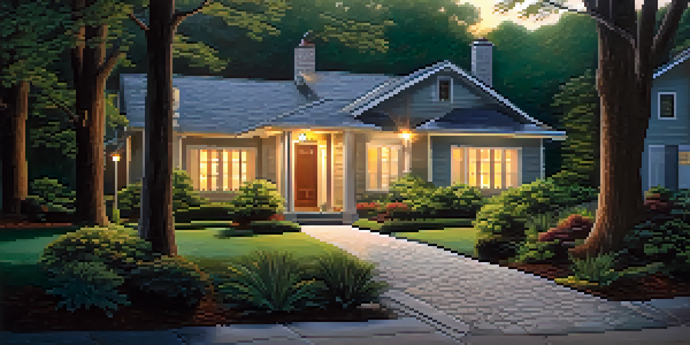 A pathway illuminated by motion sensor lights at dusk, leading to a home, surrounded by soft shadows and greenery.