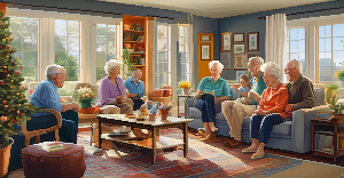 A multi-generational family gathering in a cozy living room with members of different ages engaged in activities together.