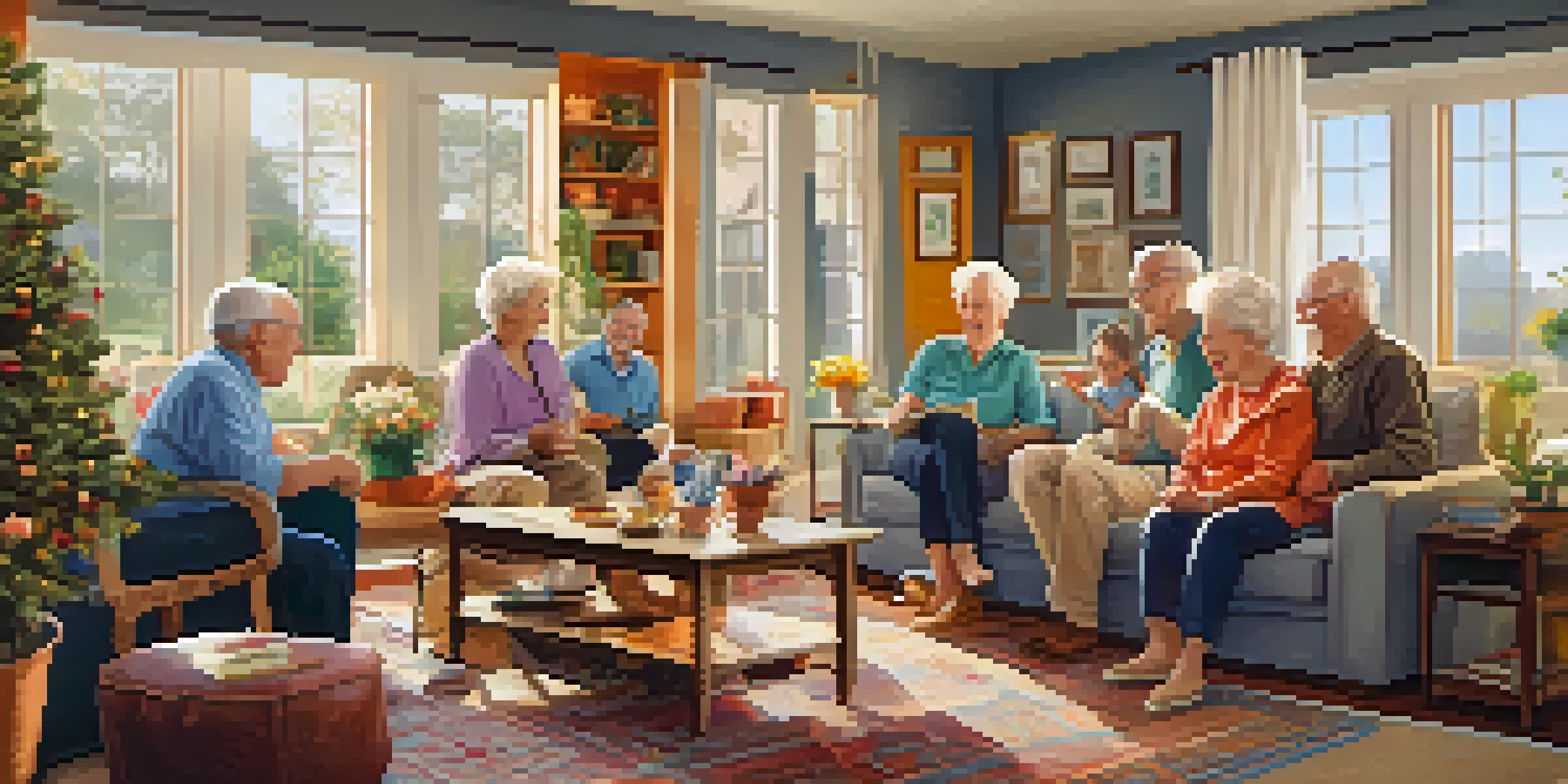 A multi-generational family gathering in a cozy living room with members of different ages engaged in activities together.