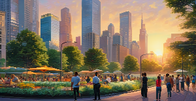 A vibrant city park at sunset with diverse people and modern skyscrapers in the background.