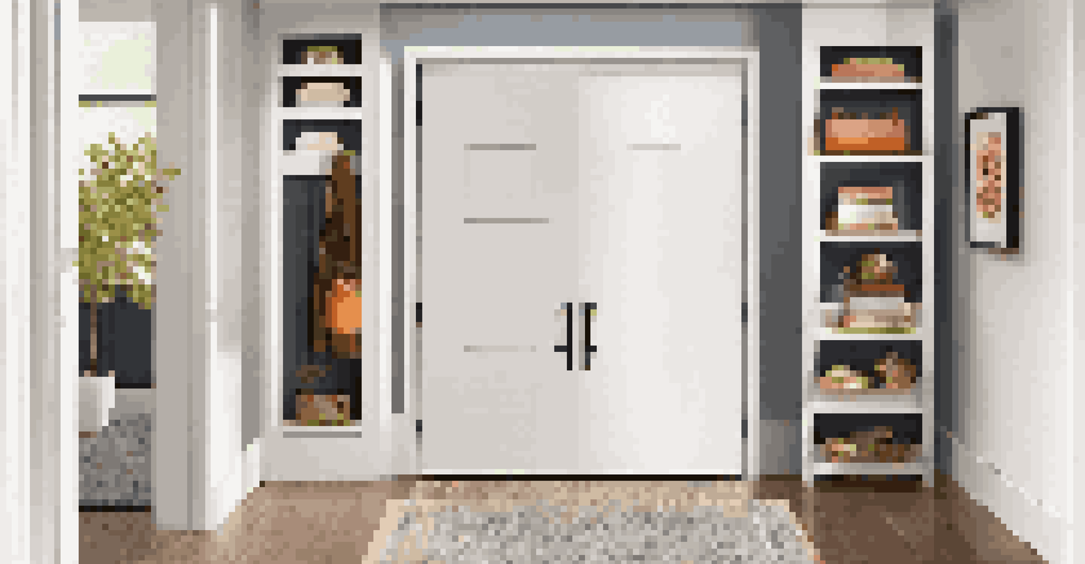 A modern entryway with vertical storage and wall-mounted shelves, illuminated by stylish lighting.